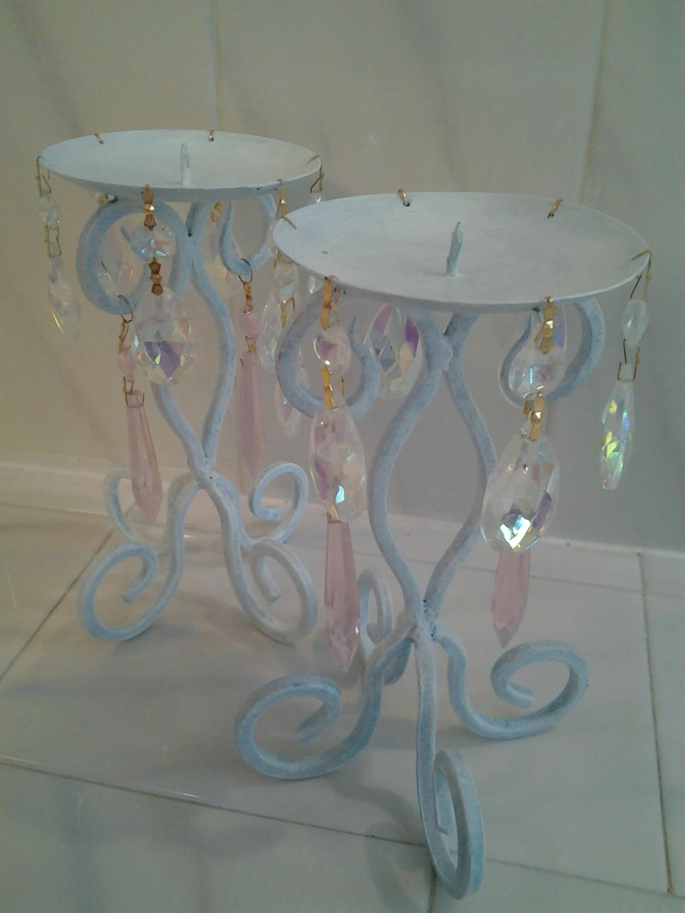 Pale Aqua Shabby Candleholders Set 2 w/ Pink, Iridescent Chandelier Crystals